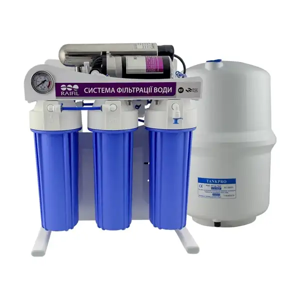 RAIFIL Система зворотного осмосу з насосом 75G на станині 10" Slim BLUE з ультрафіолетом (2795)