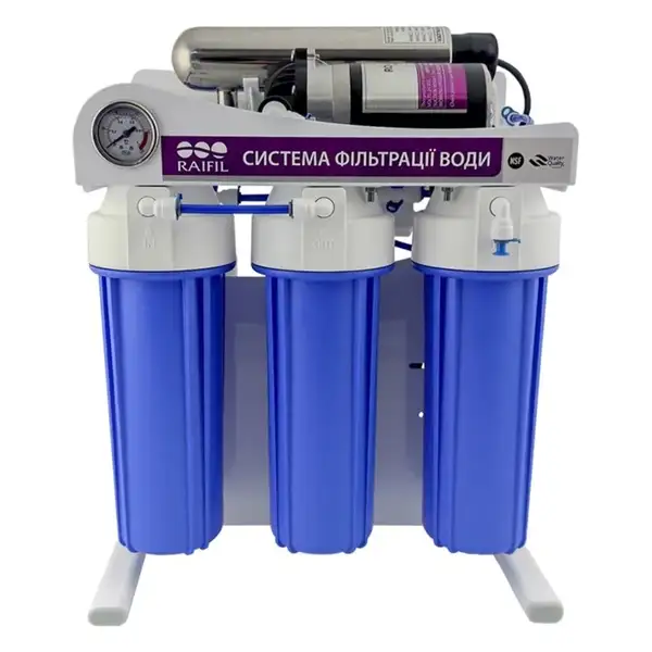 RAIFIL Система зворотного осмосу з насосом 75G на станині 10" Slim BLUE з ультрафіолетом (2795)