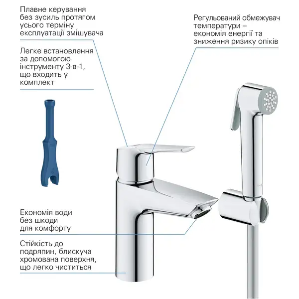 Grohe Eurosmart S-Size Смеситель для умывальника с гигиен. душем, хром (23123003)