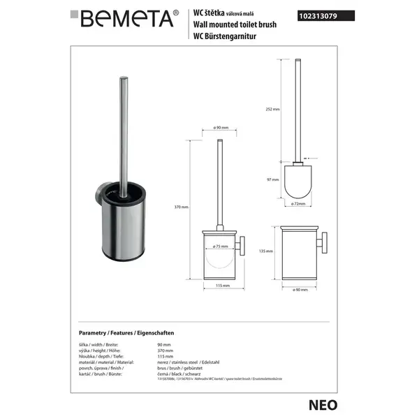 102313079 NEO: туалетна щітка чорна з тримачем,нерж.мат Bemeta Чехія (102313079)