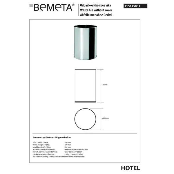 Сміттєвий ящик 115115031 Hotel : нержавіюча сталь, мат.  Bemeta Чехія
