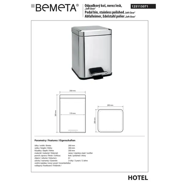 Відро для сміття 125115071 Hotel : 6L, квадратне, нерж.глянець Bemeta Чехія