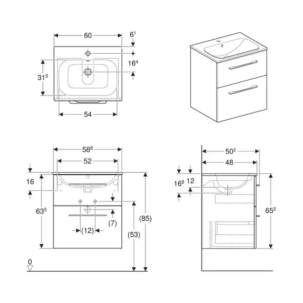 Geberit SELNOVA Square комплект: умывальник встроенный Slim Rim, с тумбой 58,8*50,2см, с 2мя ящиками, цвет белый глянец (501.236.00.1)