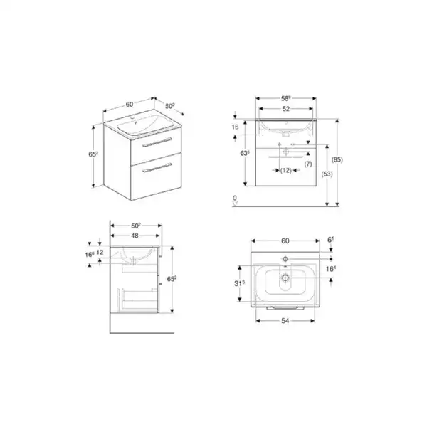 Geberit SELNOVA Square комплект: умывальник встроенный Slim Rim, с тумбой 58,8*50,2см, с 2мя ящиками, цвет белый глянец (501.236.00.1)