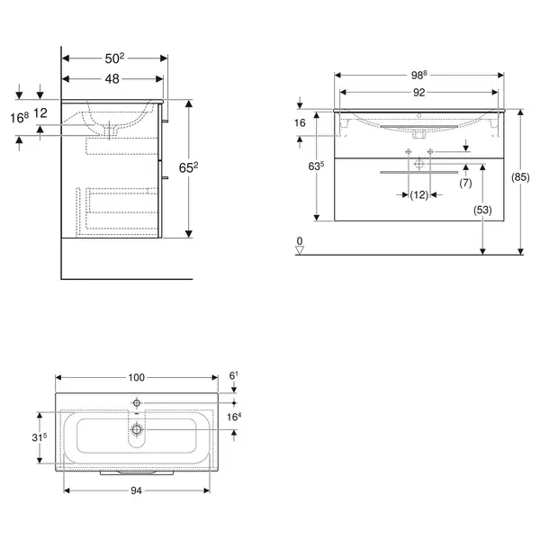 Тумба с раковиной Geberit Selnova Square slim rim 100 см, белый глянцевый (501.244.00.1)