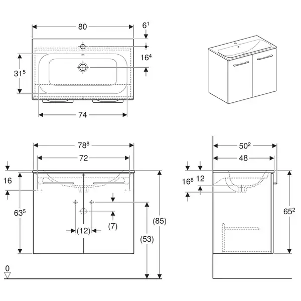 GEBERIT SELNOVA SQUARE комплект: умывальник встроенный Slim Rim, с тумбой 78,8*50,2см, двухдверной, белый глянец (501.256.00.1) фото 2 Aquada.com.ua