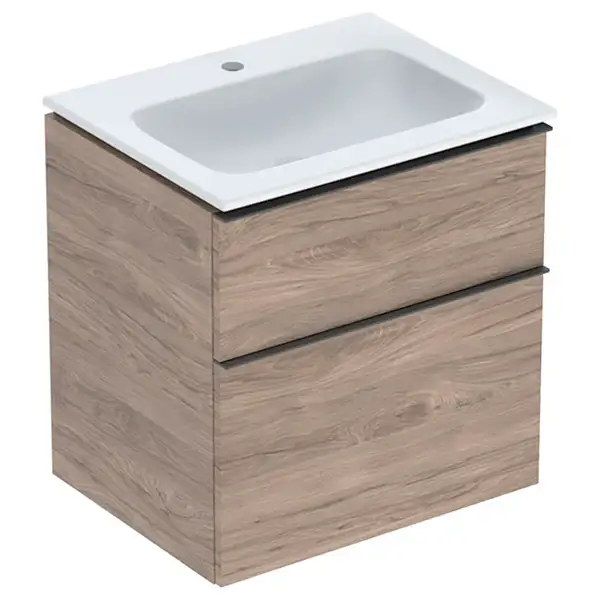 Тумба с раковиной Geberit iCon slim rim 60 см, корпус и фасад - орех тёмный / ручки - лава мат 502.335.JR.1