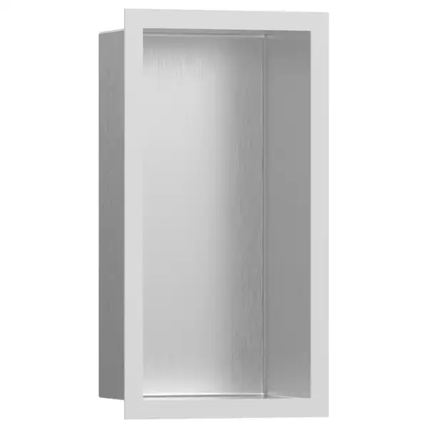 Настенная ниша из матовой нержавеющей стали с дизайнерской рамкой Hansgrohe XtraStoris Individual 30 х 15 х 10 см, белый матовый (56094700) фото 1 Aquada.com.ua
