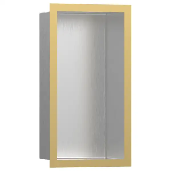 Настенная ниша из матовой нержавеющей стали с дизайнерской рамкой Hansgrohe XtraStoris Individual 30 х 15 х 10 см, полированное золото (56094990) фото 1 Aquada.com.ua