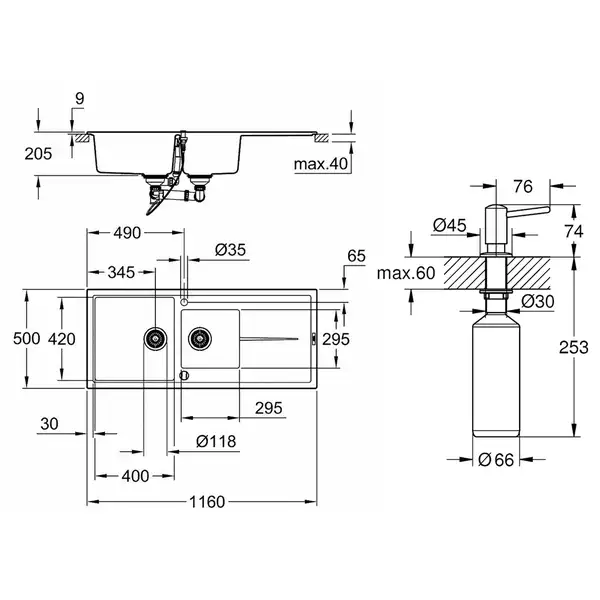 Набор Grohe мойка кухонная K400 31643AT0 + дозатор для моющего средства Contemporary 40536000 (31643AT040536000)
