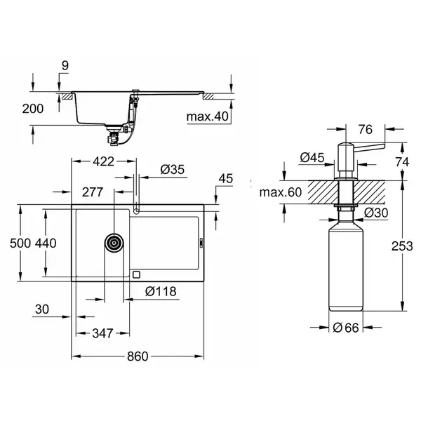 Набор Grohe мойка кухонная K500 31644AP0 + дозатор для моющего средства Contemporary 40536000 (31644AP040536000)