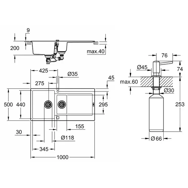 Набор Grohe мойка кухонная K500 31646AT0 + дозатор для моющего средства Contemporary 40536000 (31646AT040536000)