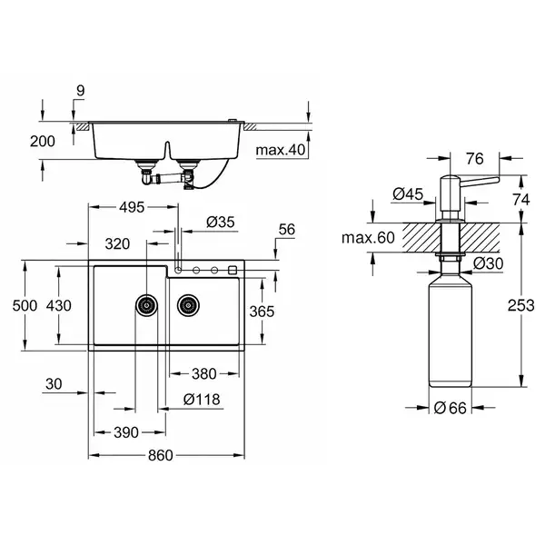 Набор Grohe мойка кухонная K500 31649AP0 + дозатор для моющего средства Contemporary 40536000 (31649AP040536000)