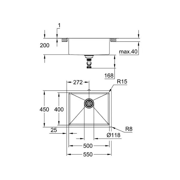 Мийка для кухні Grohe 550 x 450 мм під стільницю, 1 чаша матова (31574DL1)