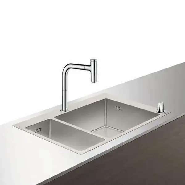 Кухонна мийка Hansgrohe C71-F655-09 Сombi 755x500 на 2 чаші 180/450 із змішувачем 2Jet Sbox, Chrome (43206000)
