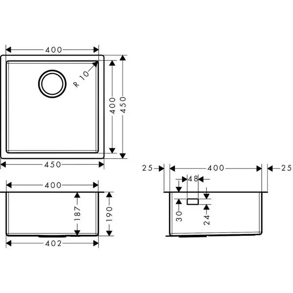 Кухонна мийка Hansgrohe S71 S719-U400 під стільницю 450х450, stainless steel (43425800)