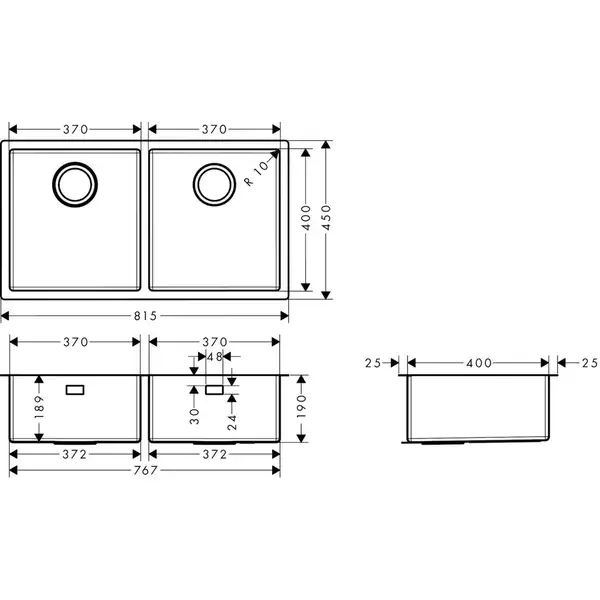 Кухонна мийка Hansgrohe S71 S719-U755 під стільницю 815х450 на 2 чаші 370/370, stainless steel (43430800)