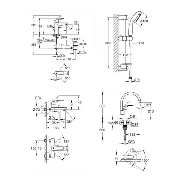 Набір змішувачів для ванни та кухні GROHE Eurosmart New 4 в 1, хром (UA123248UH)