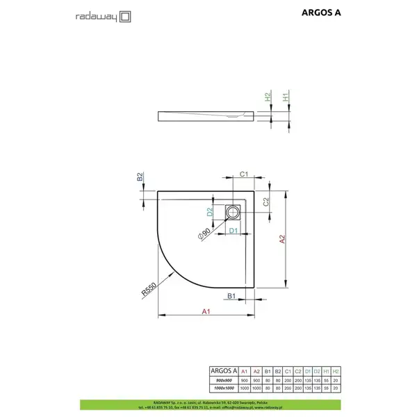 Душовий піддон Argos A 90x90 см, RADAWAY (4AA99-01)