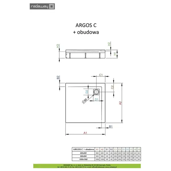 Душовий піддон зі з'ємною панеллю Argos C 90x90 см, RADAWAY (4ACN99-02)