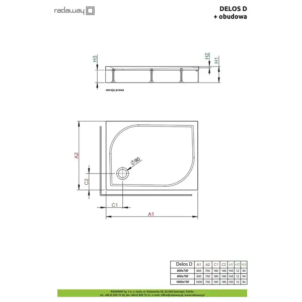Душовий піддон зі з'ємною панеллю Delos D 90x75 см лівий, RADAWAY (4D97514-03L)