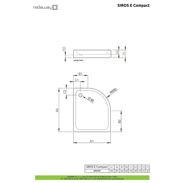 Душовий піддон Siros E Compact 90x80 см правий, RADAWAY (SBE9817-1R)