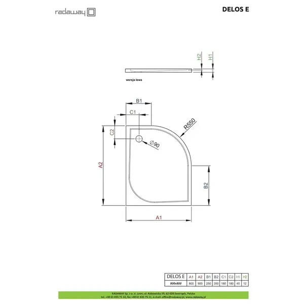 Душовий піддон Delos E 90x80см правий, RADAWAY (SDE8090-01R)