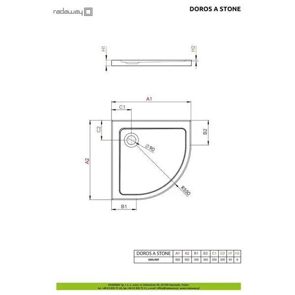Душовий піддон Doros A Stone Anthracite 90x90 см, RADAWAY (SDRA9090-01-64S)