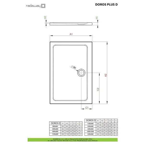 Душовий піддон Doros Plus D 90x80 см, RADAWAY (SDRPD9080-01)