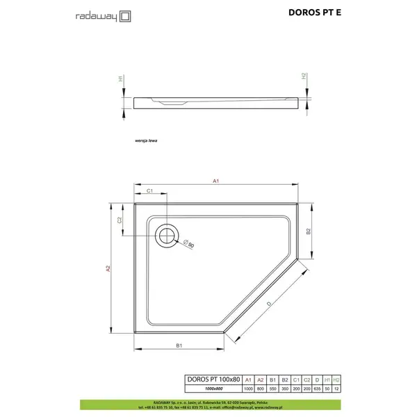 Душовий піддон Doros PT E 100x90 см правий, RADAWAY (SDRPT1090-01R)
