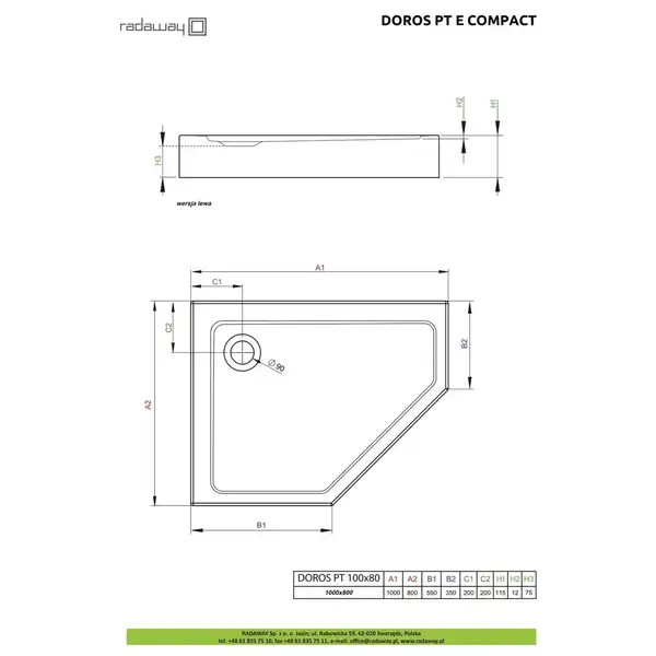 Душовий піддон Doros PT E Compact 100x80 см лівий, RADAWAY (SDRPTP1080-05L)
