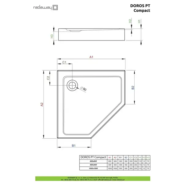 Душовий піддон Doros PT Compact Stone Anthracite 90x90 см, RADAWAY (SDRPTP9090-05-64S)