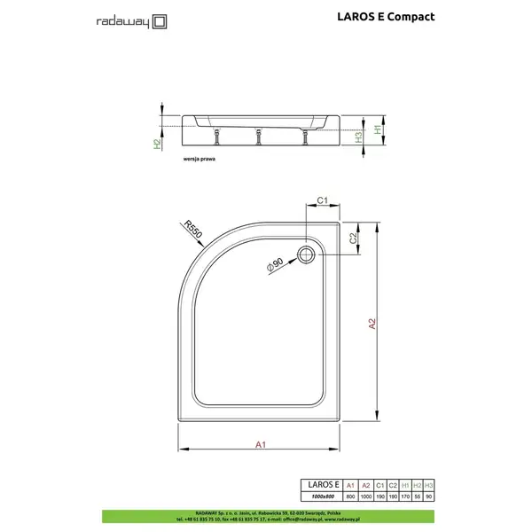 Душовий піддон Laros E Compact 100x80 см правий, RADAWAY (SLE81017-01R)