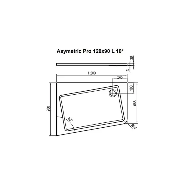 Душовий піддон лівий ASYMETRIC PRO 120×90 L 10°, RAVAK (XA25G70101L)