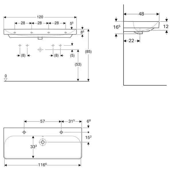 Раковина подвесная Geberit Smyle Square 120 х 48 х h16,5 см, с 2 отверстиями под смеситель (500.253.01.1) фото 3 Aquada.com.ua