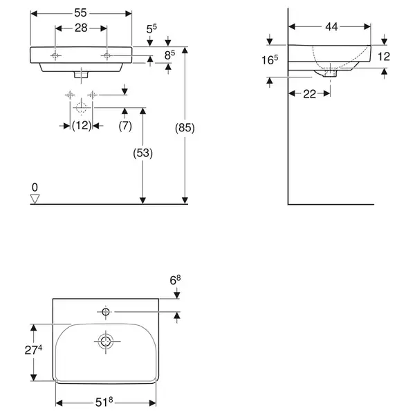 Раковина подвесная Geberit Smyle Square 55 х 44 х h16,5 см, с 1 отверстием под смеситель (500.259.01.1) фото 3 Aquada.com.ua