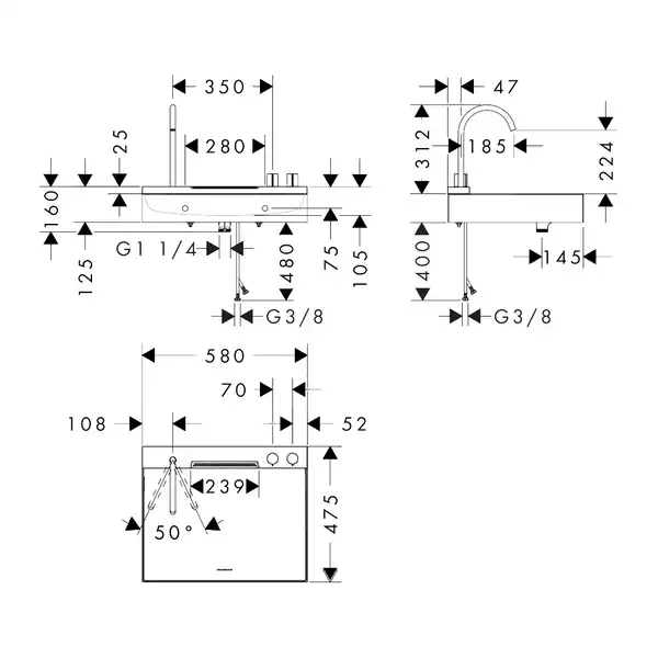 Раковина Hansgrohe Avalegra AquaUnit 58 х 47,5 х 10 см, без переливу, з функцією QuickClean+, із змішувачем, Matt Black  22472670