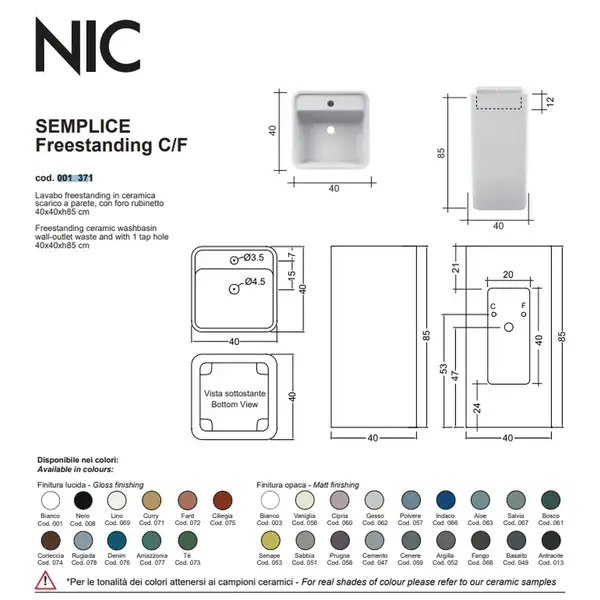 Nic-Design Умивальник окремо стоячий Nic Design Semplice 40х40х85 см з отвором під змішувач, злив у стіну, чорний глянець (001371008)
