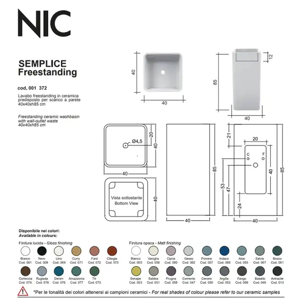 Nic-Design Умивальник окремо стоячий Nic Design Semplice 40х40х85 см без переливу, зі зливом у стіну, білий матовий (001372003)