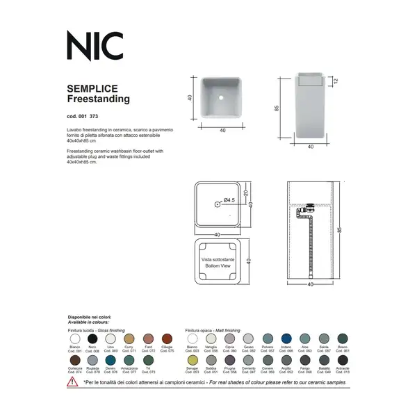 Умивальник окремо стоячий Nic Design Semplice 40х40х85 см без переливу, злив у підлогу, білий глянець (001373001)
