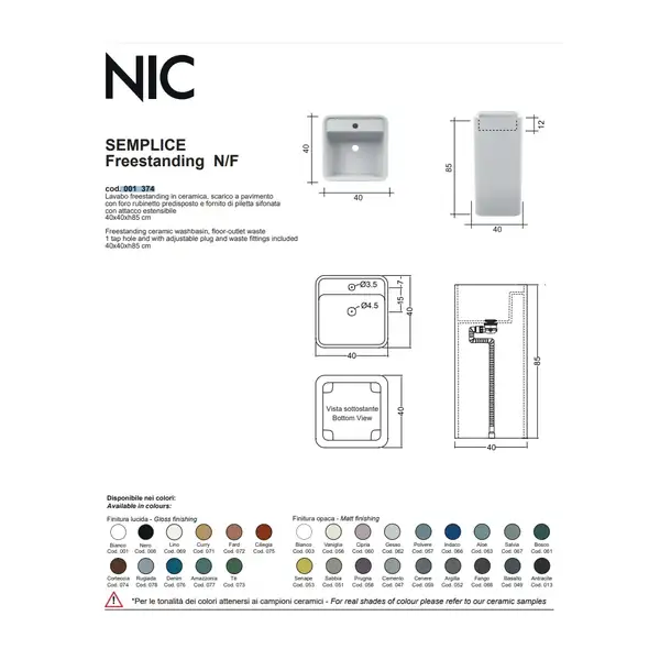 Nic-Design Умивальник окремо стоячий Nic Design Semplice 40х40х85 см з отвором під змішувач зі зливом в підлогу, білий матовий (001374003)