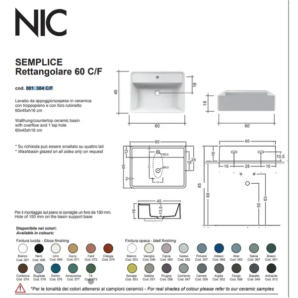 Nic-Design Умивальник на стільницю Nic Design Semplice 60х45х16 см з отвором під змішувач, чорний глянець C/F (001384008 CF)