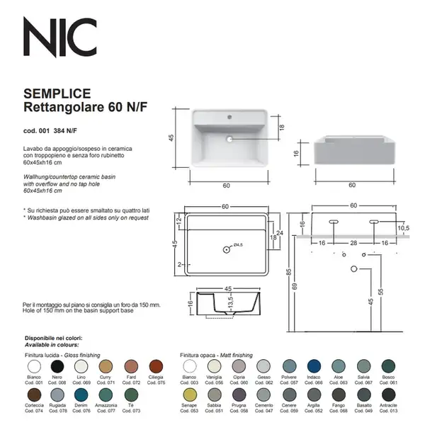 Умивальник на стільницю з переливом Nic Design Semplice 60х45х16 см, чорний глянець N/F (001384008 NF)