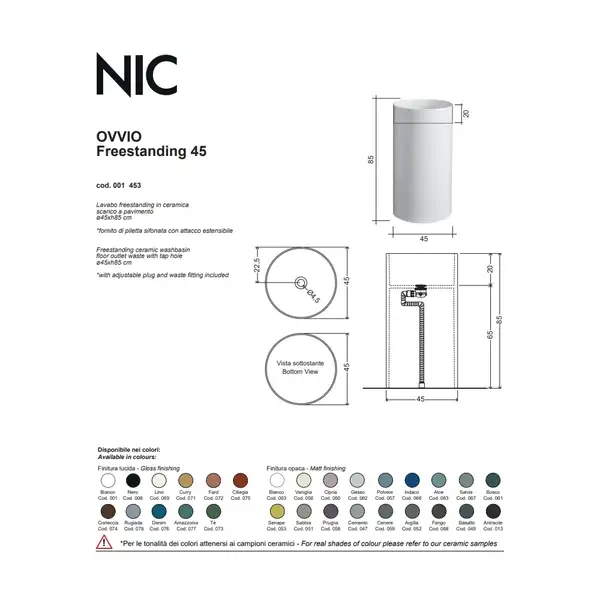 Умивальник окремо стоячий Nic Design Ovvio 45х85 см без переливу, зі зливом в підлогу, Polvere матовий (001453057)