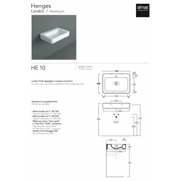 Simas Henges HE10 Умивальник, білий глянець (HE10)