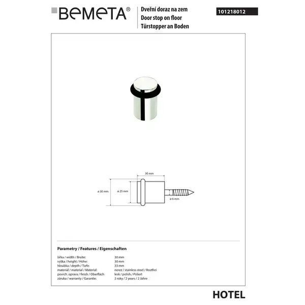 Обмежувач для дверей, хром 101218012 Hotel Bemeta Чехія