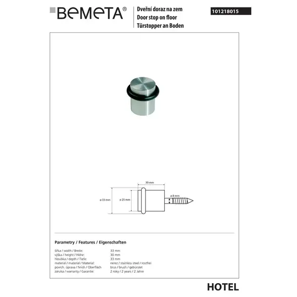 Oбмежувач для дверей 101218015 Hotel : на підлозі нерж мат Bemeta Чехія