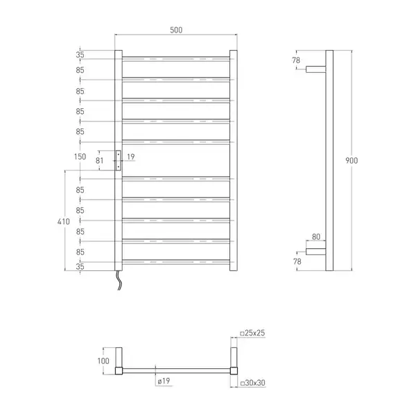 Сушка для рушників електрична Volle Campo L 120W, 50 х 90 см, білий глянсовий (ПІДКЛЮЧЕННЯ ЗЛІВА) 9210.000107