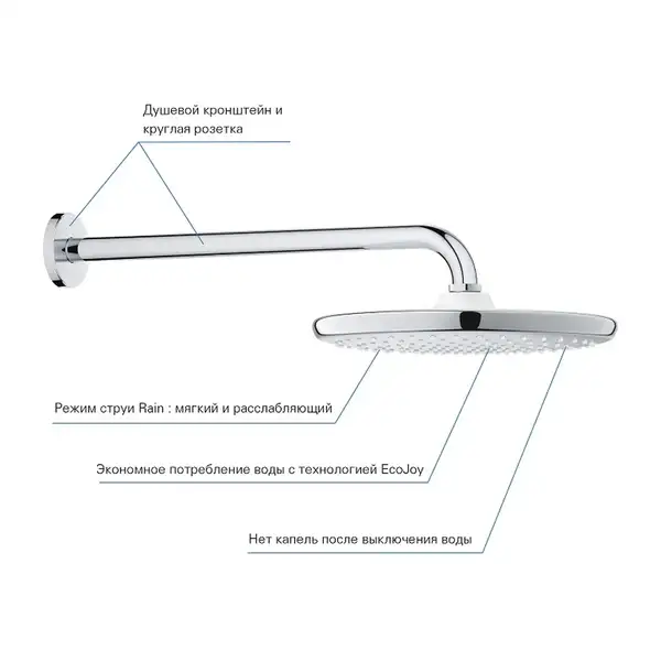 Верхний душ с душевым кронштейном Grohe Tempesta Ø 250 мм (цвет - хром) (26668000) фото 14 Aquada.com.ua