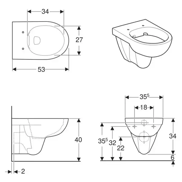 Geberit Selnova Унитаз подвесной Rimless, белый (500.265.01.1) (500.265.01.1_500.335.01.1)